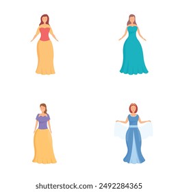 Collection of four women in stylish evening dresses, formal wear vector illustrations