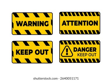 A collection of four yellow and black striped warning signs with text "WARNING", "ATTENTION", "KEEP OUT", and "DANGER KEEP OUT" with an exclamation mark. Ideal for safety graphics