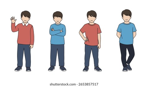 Collection of four young boys standing together with casual outfits and different poses showing individuality