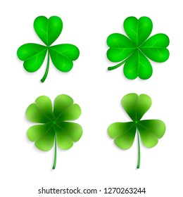 Collection of four-leaf clovers. Clover leaves set - quarterfoil and trefoil. Vector set of green clover leaves for design.