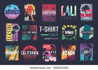 Collection of fourteen colorful vector t-shirt summer designs, prints, illustrations.