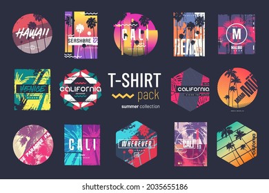 Collection of fourteen colorful vector t-shirt summer designs, prints, illustrations.