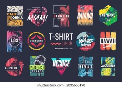 Collection of fourteen colorful vector t-shirt summer designs, prints, illustrations.