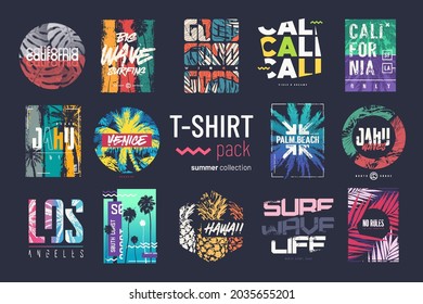 Collection of fourteen colorful vector t-shirt summer designs, prints, illustrations.