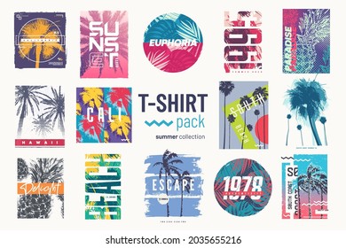 Collection of fourteen colorful vector t-shirt summer designs, prints, illustrations.