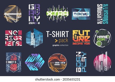 Collection of fourteen colorful vector t-shirt graphic designs, prints, illustrations.