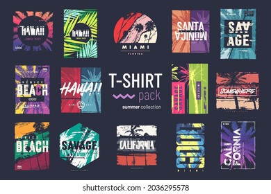 Collection of fourteen colorful vector t-shirt summer designs, prints, illustrations.