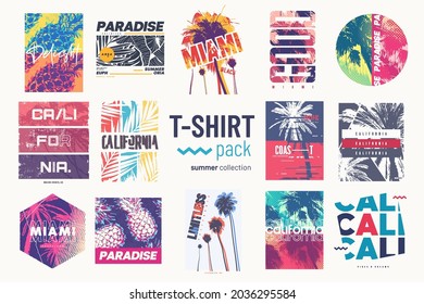 Collection of fourteen colorful vector t-shirt summer designs, prints, illustrations.