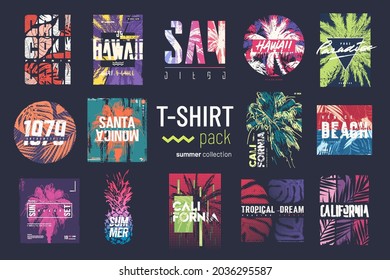 Collection of fourteen colorful vector t-shirt summer designs, prints, illustrations.