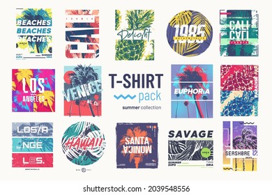 Collection of fourteen colorful vector t-shirt summer designs, prints, illustrations.