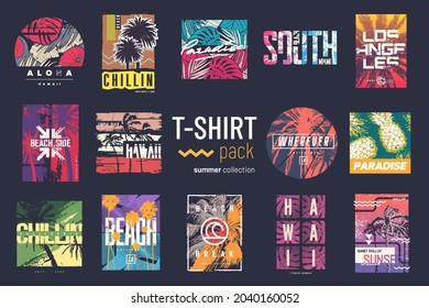 Collection of fourteen colorful vector t-shirt summer designs, prints, illustrations.