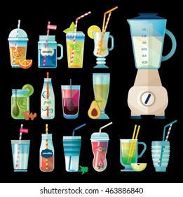 Collection of fourteen healthy fruit smoothies in flat style. Fresh juice for healthy life. Menu element for cafe or restaurant.