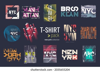 Collection of fourteen vector New york city t-shirt designs, prints, illustrations.