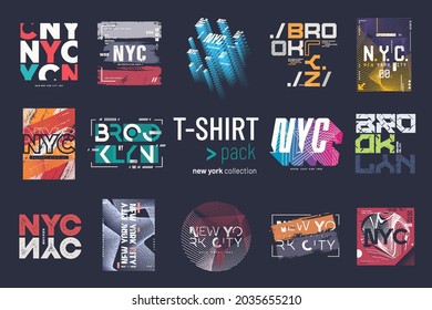 Collection of fourteen vector New york city t-shirt designs, prints, illustrations.