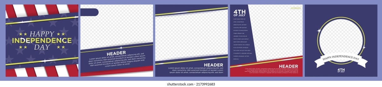 Collection of Fourth of July and USA Independence Day Social media templates and frames. Red, blue, and white colors of US Flag. Greeting card. Editable Vector Illustration. EPS 10. 