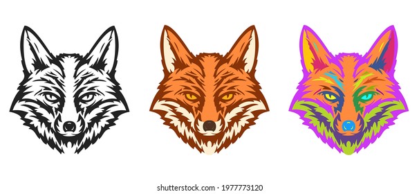 Collection fox head in hand drawn sketch style isolated on white background. Modern graphic design element for label or poster. Vector art illustration.