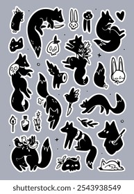 A collection of fox and rabbit silhouettes in black with whimsical, spooky elements like skulls, knives, and plants, ideal for stickers or dark-themed designs