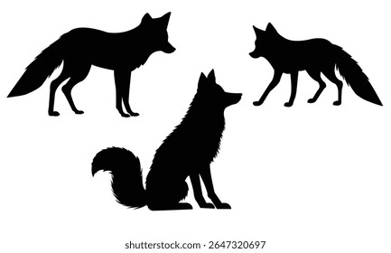 Collection of fox silhouettes in different poses such as standing, sitting. Clean black animal shapes on a white background, ideal for logos, icons, wildlife illustrations, decals, and creative design