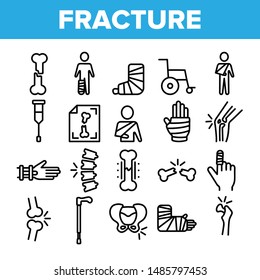 Collection Fracture Elements Vector Sign Icons Set Thin Line. Gypsum Foot And Hand Arm Crutch, Bones Fracture Linear Pictograms. Medicine Details And Character Monochrome Contour Illustrations svg