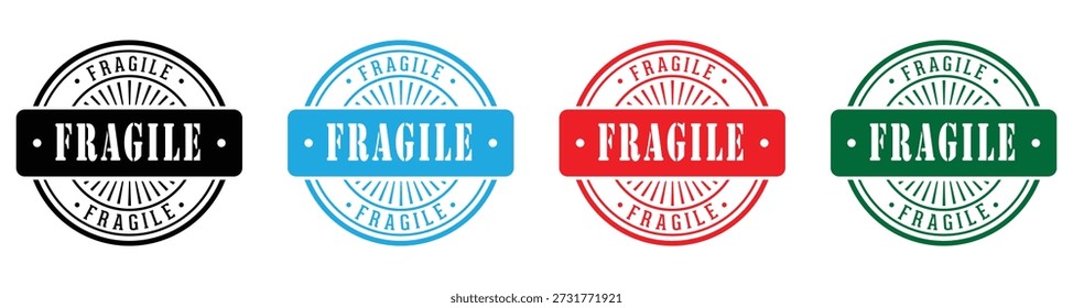 Collection of 'fragile' package warning stamp icons in four distinct colors