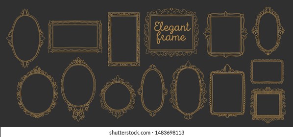 Collection frame gold wedding design invitation. Romantic border vintage hand drawn,decorative elegant element.vector illustration.