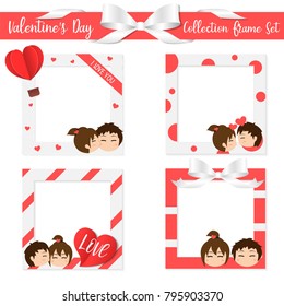 Collection Frame Set Valentine's Day , cute invitation card ,character cute boy and girl puppy love , lover send love , holiday vector illustration