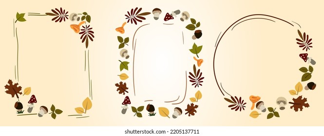 Collection of frames for autumn leaves. Illustration of an autumn wreath with colorful leaves and mushrooms on a light background. - Vector