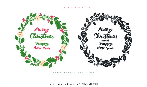 Colección de cuadros con una bola de béisbol, ramas de árboles de Navidad, hojas, bayas. Ilustración para béisbol, dibujo a mano, letras. Juramento para Año Nuevo y Feliz Navidad.
