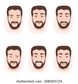 Collection of frames with cartoon images of handsome man with beard character (smiling, surprising ,confusing).Vector isolate flat design of Face expressions of adult man. Different male emotions set.