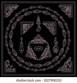 Collection of frames, corners for frame creating with very detailed hand drawing arts. Ornate Christmas or Winter holiday elements, chalkboard design. Great for black and white greeting card design