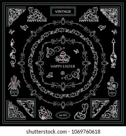 Collection of frames, corners for frame creating with very detailed hand drawing arts. Ornate Eastern, spring elements, chalkboard design. Great for black and white greeting card design