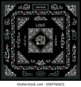 Collection of frames, corners for frame creating with very detailed hand drawing arts. Ornate Eastern, spring elements, chalkboard design. Great for black and white greeting card design