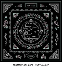 Collection of frames, corners for frame creating with very detailed hand drawing arts. Ornate Eastern, spring elements, chalkboard design. Great for black and white greeting card design