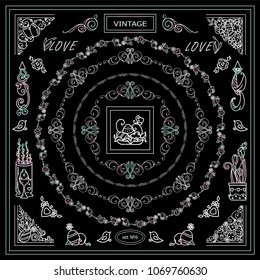 Collection of frames, corners for frame creating with very detailed hand drawing arts. Ornate Eastern, spring elements, chalkboard design. Great for black and white greeting card design