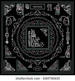 Collection of frames, corners for frame creating with very detailed hand drawing arts. Ornate Eastern, spring elements, chalkboard design. Great for black and white greeting card design