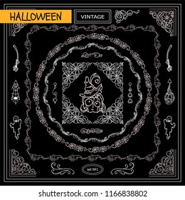 Collection of frames, corners for frame creating with very detailed hand drawing arts. Ornate Halloween, pumpkin elements, chalkboard design. Great for black and white card, ticket and flyer design