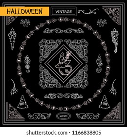 Collection of frames, corners for frame creating with very detailed hand drawing arts. Ornate Halloween, pumpkin elements, chalkboard design. Great for black and white card, ticket and flyer design