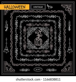 Collection of frames, corners for frame creating with very detailed hand drawing arts. Ornate Halloween, pumpkin elements, chalkboard design. Great for black and white card, ticket and flyer design