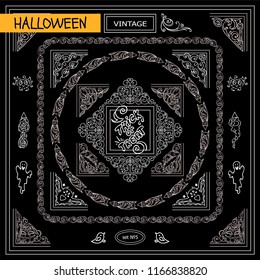 Collection of frames, corners for frame creating with very detailed hand drawing arts. Ornate Halloween, pumpkin elements, chalkboard design. Great for black and white card, ticket and flyer design