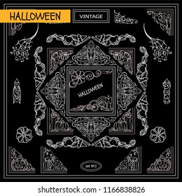 Collection of frames, corners for frame creating with very detailed hand drawing arts. Ornate Halloween, pumpkin elements, chalkboard design. Great for black and white card, ticket and flyer design
