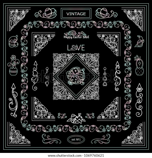Collection\
of frames, corners for frame creating with very detailed hand\
drawing arts. Ornate Eastern, spring elements, chalkboard design.\
Great for black and white greeting card\
design