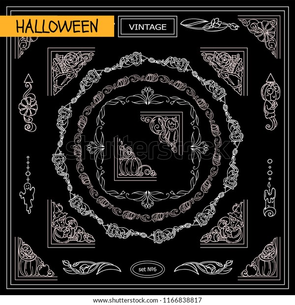 Collection of frames, corners for frame creating\
with very detailed hand drawing arts. Ornate Halloween, pumpkin\
elements, chalkboard design. Great for black and white card, ticket\
and flyer design