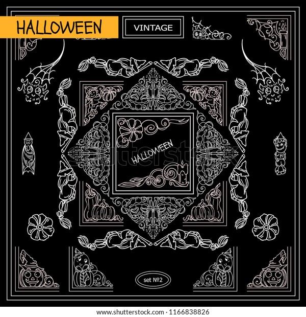 Collection of frames, corners for frame creating
with very detailed hand drawing arts. Ornate Halloween, pumpkin
elements, chalkboard design. Great for black and white card, ticket
and flyer design