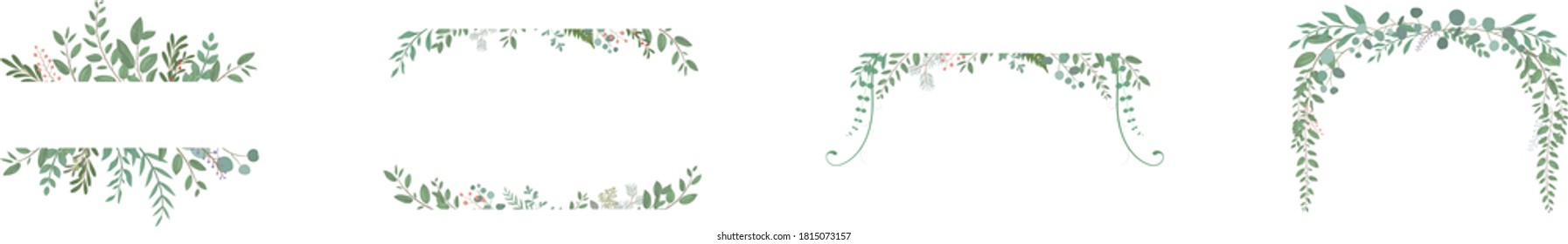 Collection of frames decorated with plants, white background, green frames
