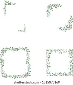 Collection of frames decorated with plants, white background, green frames