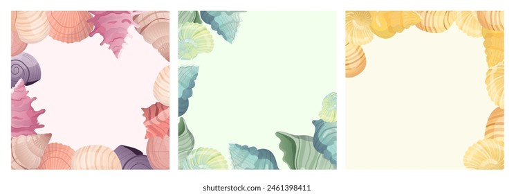 A collection of frames with detailed seashells in a pastel color. Frames features warm pink and purple tones, cool greens and blues, and the yellows and oranges. For invitations and stationery