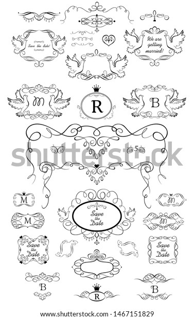 Collection of frames with\
doves, vignette, scroll and headers for wedding and heraldic\
design, menu card, restaurant, cafe, hotel, jewellery store, logo\
templates, monogram