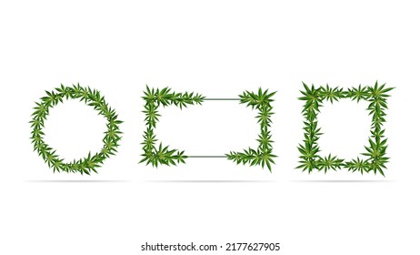 Marcos de recolección de hojas verdes de cannabis. Plantillas de marcos decorados con hojas de cannabis aisladas en un fondo blanco