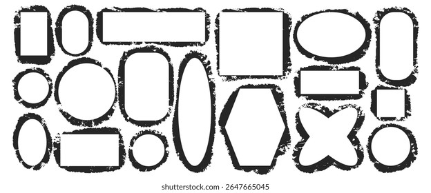 Collection of frames with grunge splashes. Contemporary graffiti-style frame designs. Various frame shapes with brushstroke textures. Doodles. Perfect for text messages, letters, and notes