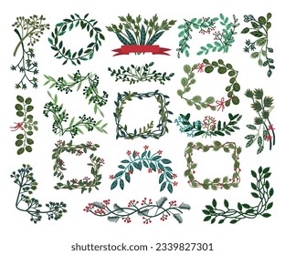 Collection of frames made of green leaves and berries. Invitation, greeting card, poster design element cartoon vector